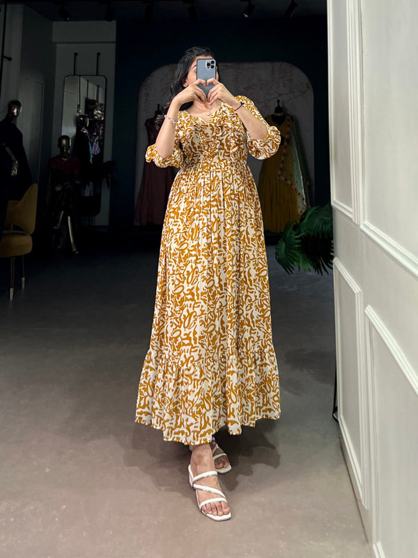 Mustard Elegant Georgette Printed Frock – Stitched & Comfortable ClothsVilla