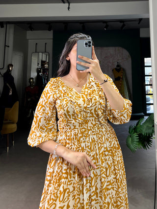 Mustard Elegant Georgette Printed Frock – Stitched & Comfortable ClothsVilla
