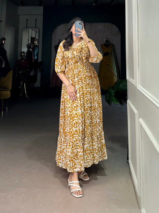 Mustard Elegant Georgette Printed Frock – Stitched & Comfortable ClothsVilla