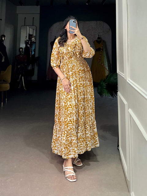 Mustard Elegant Georgette Printed Frock – Stitched & Comfortable ClothsVilla Main image