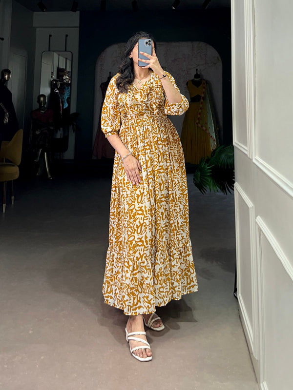 Mustard Elegant Georgette Printed Frock – Stitched & Comfortable ClothsVilla
