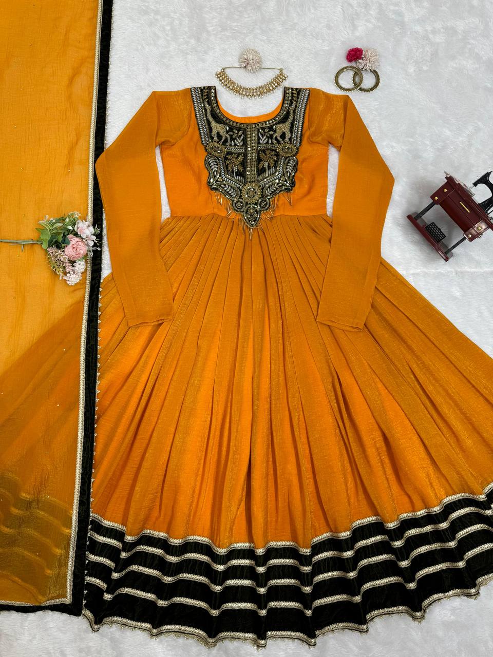Mustard Elegant Gold Crush Velvet Gown ClothsVilla