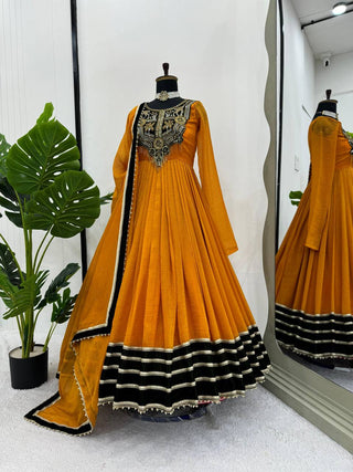 Mustard Elegant Gold Crush Velvet Gown ClothsVilla