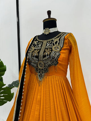 Mustard Elegant Gold Crush Velvet Gown ClothsVilla