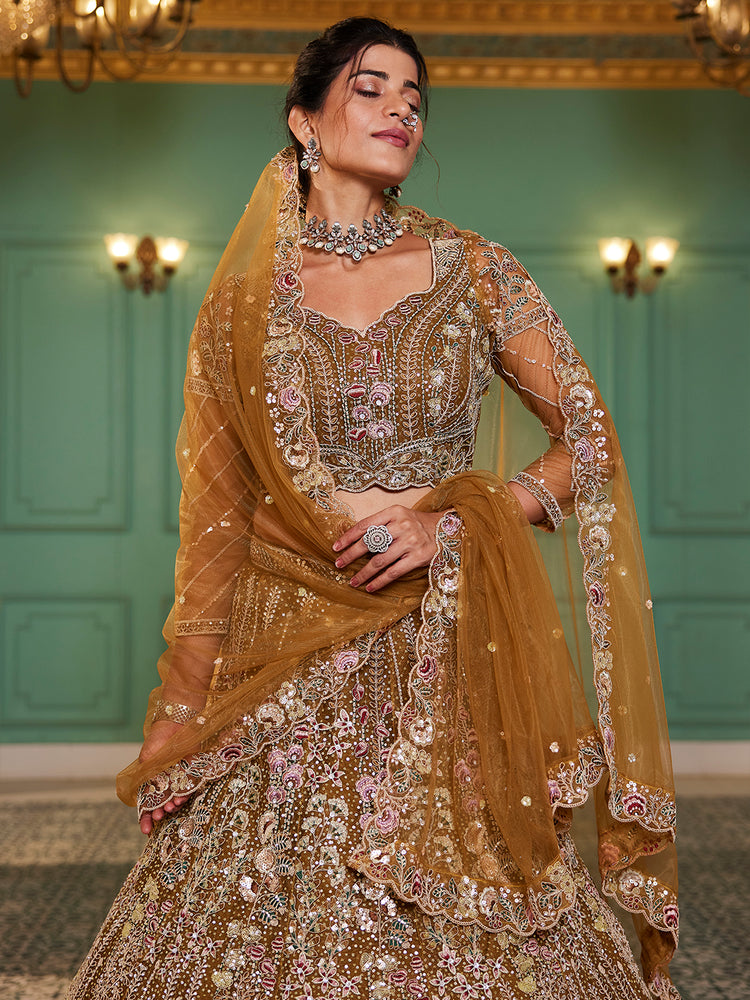 mustard Elegant Multi-Color Sequin Embroidered Net Lehenga Choli Dupatta ClothsVilla