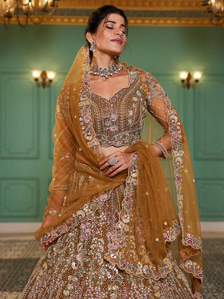 mustard Elegant Multi-Color Sequin Embroidered Net Lehenga Choli Dupatta ClothsVilla