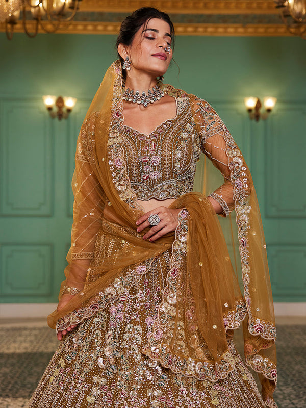 mustard Elegant Multi-Color Sequin Embroidered Net Lehenga Choli Dupatta ClothsVilla