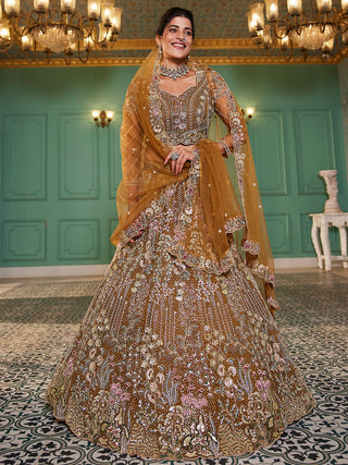 mustard Elegant Multi-Color Sequin Embroidered Net Lehenga Choli Dupatta ClothsVilla