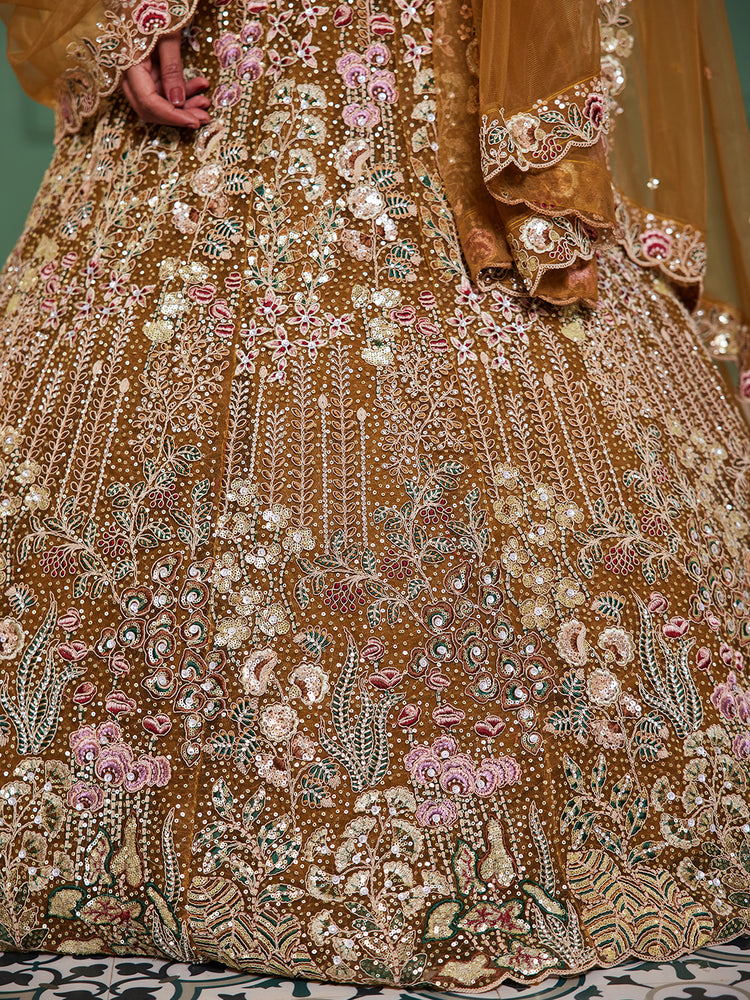 mustard Elegant Multi-Color Sequin Embroidered Net Lehenga Choli Dupatta ClothsVilla