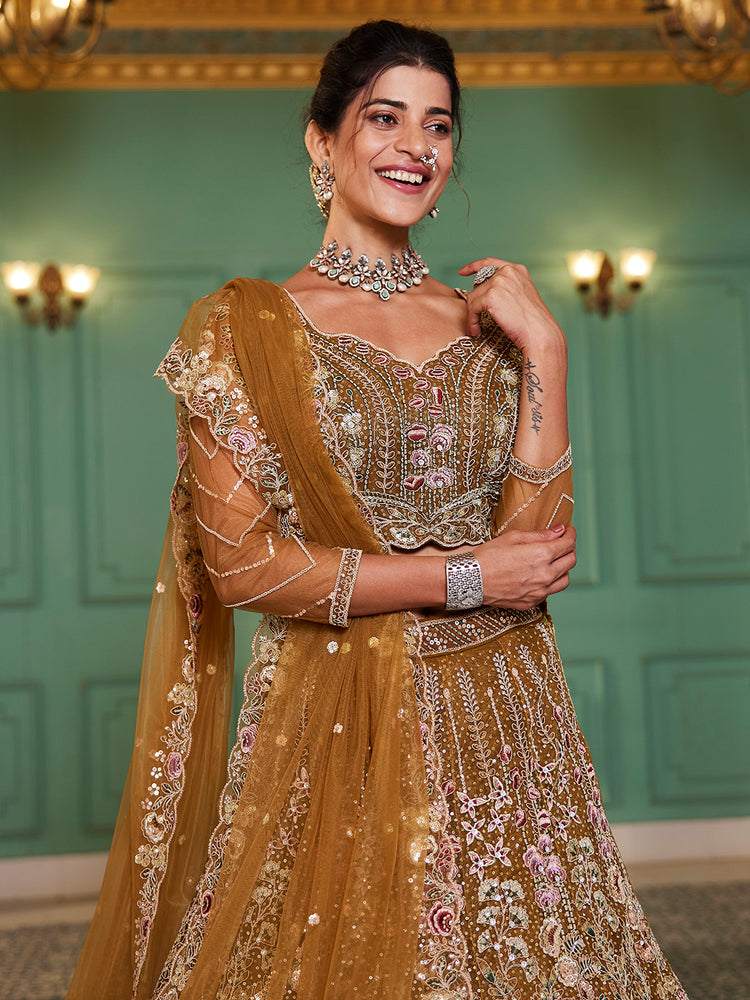 mustard Elegant Multi-Color Sequin Embroidered Net Lehenga Choli Dupatta ClothsVilla