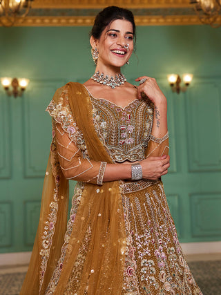 mustard Elegant Multi-Color Sequin Embroidered Net Lehenga Choli Dupatta ClothsVilla
