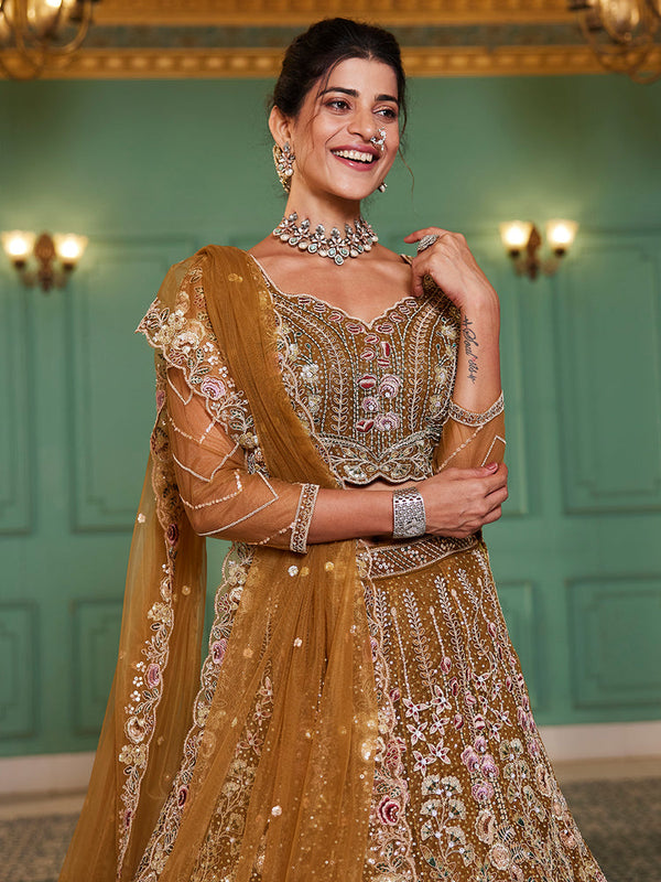 mustard Elegant Multi-Color Sequin Embroidered Net Lehenga Choli Dupatta ClothsVilla
