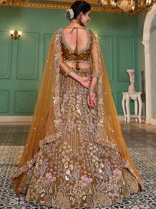 mustard Elegant Multi-Color Sequin Embroidered Net Lehenga Choli Dupatta ClothsVilla