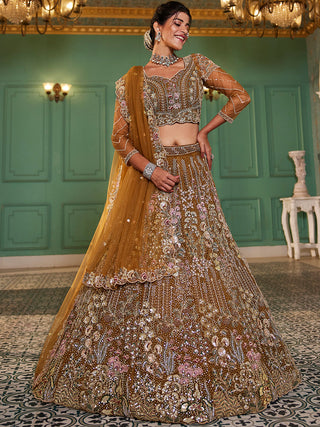 mustard Elegant Multi-Color Sequin Embroidered Net Lehenga Choli Dupatta ClothsVilla