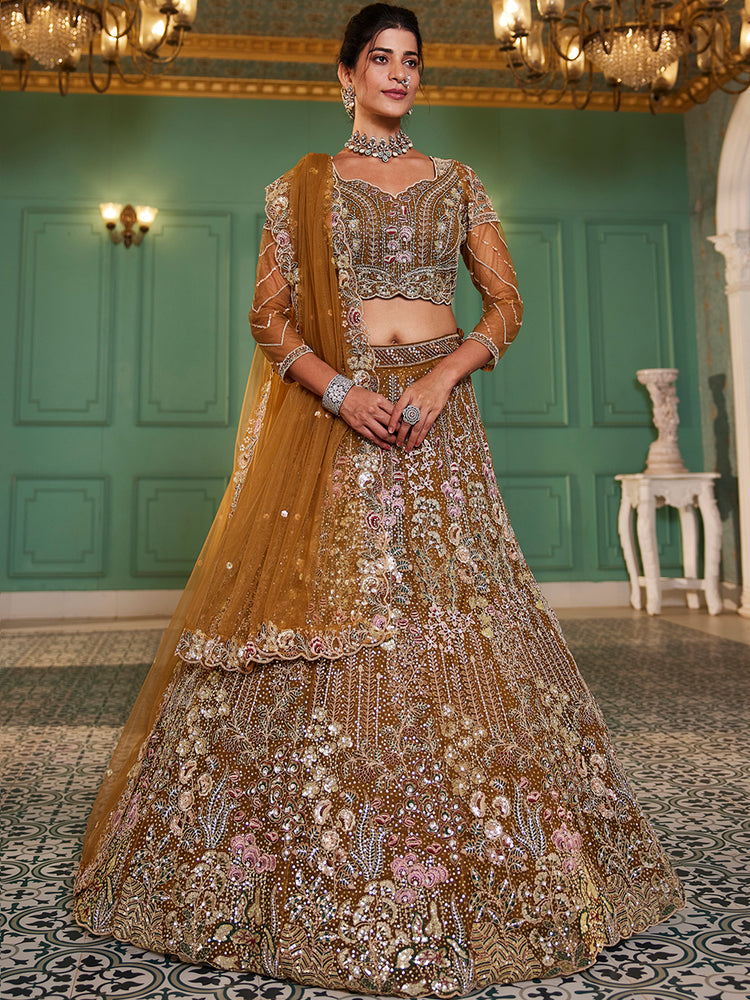 mustard Elegant Multi-Color Sequin Embroidered Net Lehenga Choli Dupatta ClothsVilla