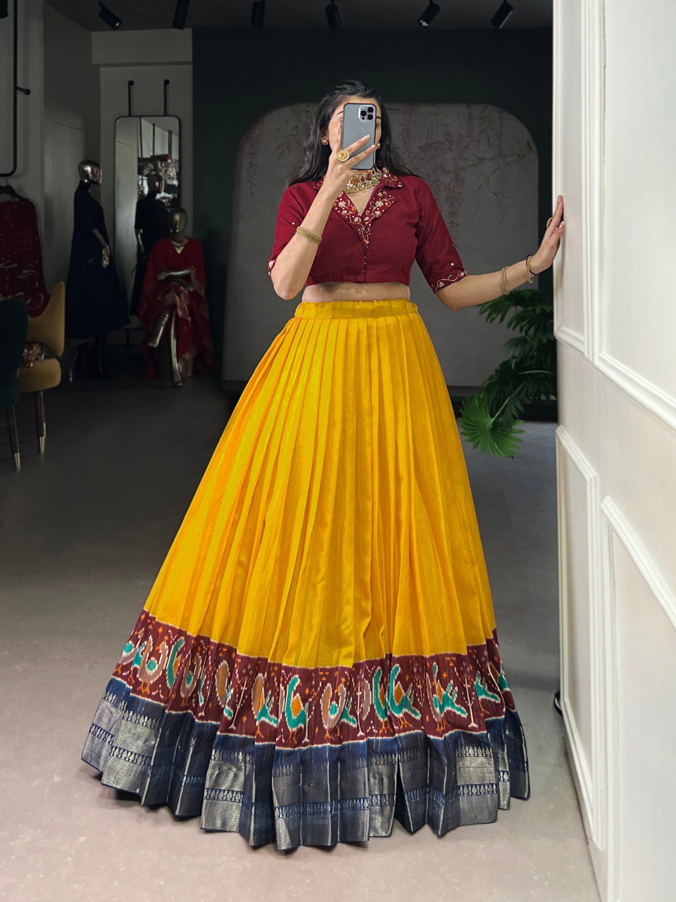 Mustard Elegant Poly Cotton Printed Zari Weaving Lehenga with Handworked Pure Cotton Blouse – Stitched Traditional Ensemble ClothsVilla Main image