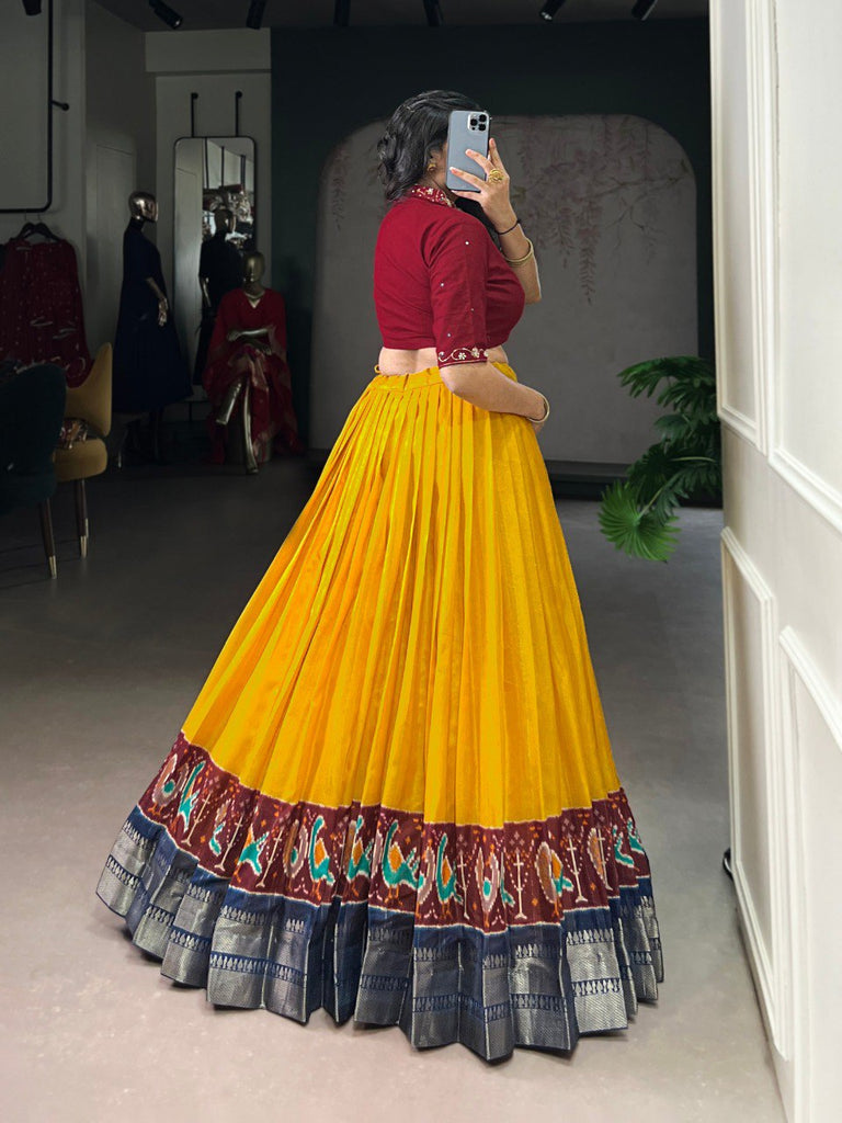 Mustard Elegant Poly Cotton Printed Zari Weaving Lehenga with Handworked Pure Cotton Blouse – Stitched Traditional Ensemble ClothsVilla