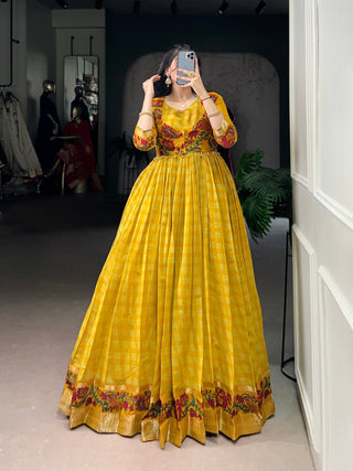 Mustard Elegant Printed Polyester Viscose Chanderi Gown with Zari Weaving and Lace-Touched Koti – Stitched Set ClothsVilla