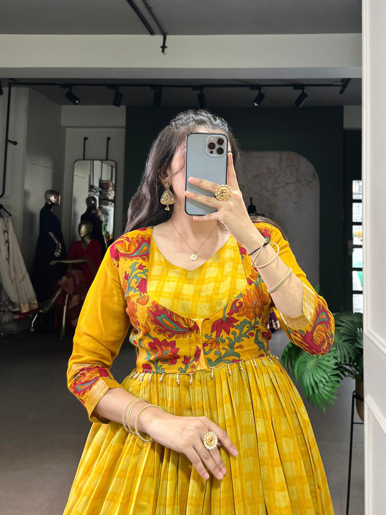Mustard Elegant Printed Polyester Viscose Chanderi Gown with Zari Weaving and Lace-Touched Koti – Stitched Set ClothsVilla
