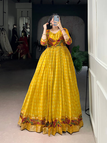 Mustard Elegant Printed Polyester Viscose Chanderi Gown with Zari Weaving and Lace-Touched Koti – Stitched Set ClothsVilla