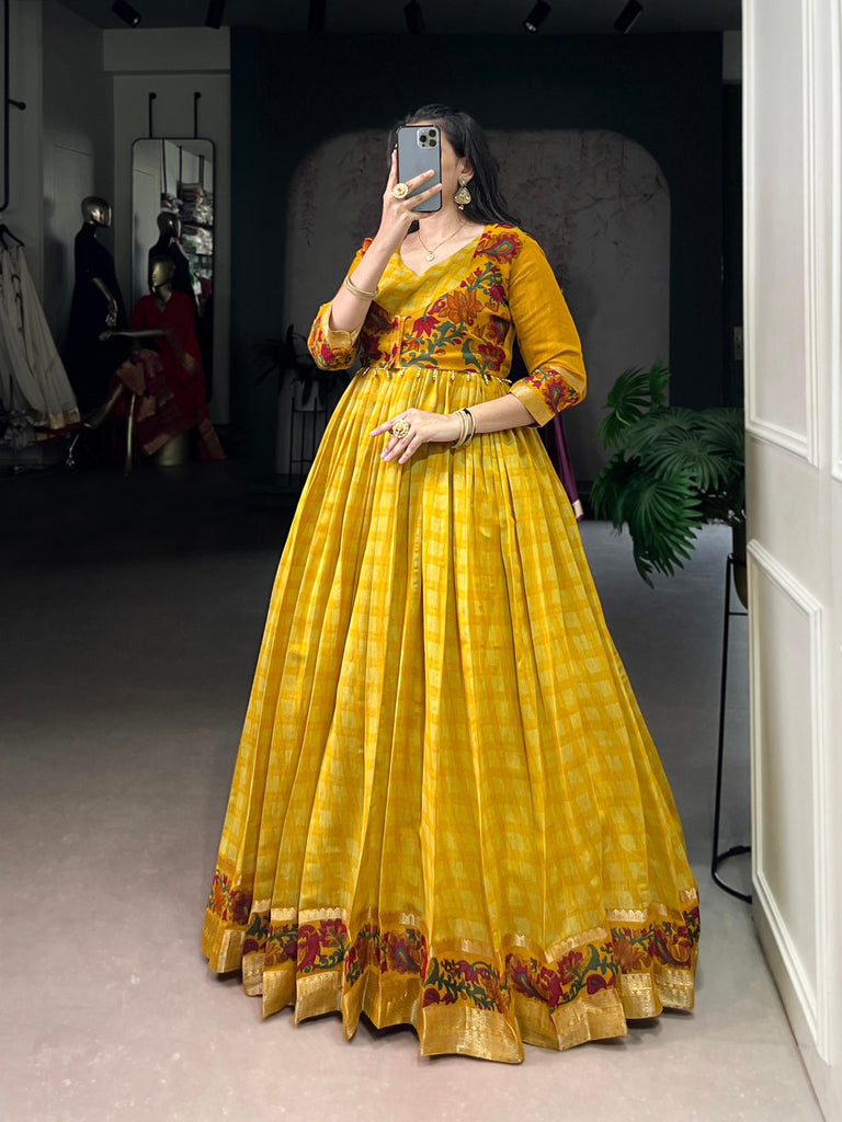 Mustard Elegant Printed Polyester Viscose Chanderi Gown with Zari Weaving and Lace-Touched Koti – Stitched Set ClothsVilla