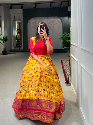 Mustard Elegant Ready-to-Wear Patola Paithani Print Gown – Dola Silk with Foil Work