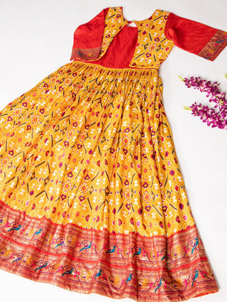Mustard Elegant Ready-to-Wear Patola Paithani Print Gown – Dola Silk with Foil Work
