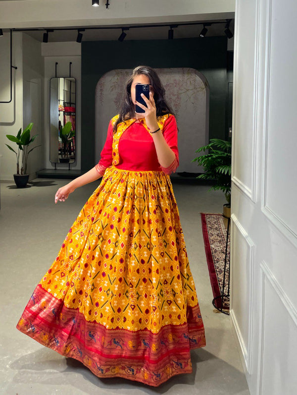 Mustard Elegant Ready-to-Wear Patola Paithani Print Gown – Dola Silk with Foil Work