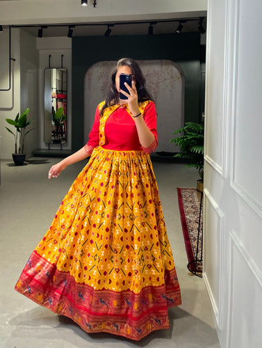Mustard Elegant Ready-to-Wear Patola Paithani Print Gown – Dola Silk with Foil Work