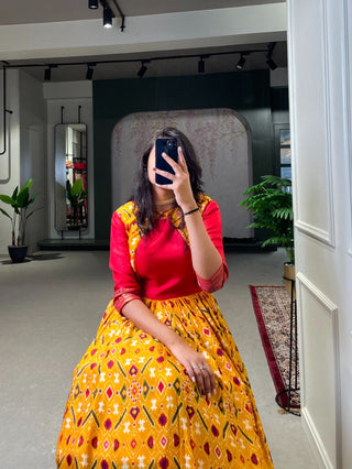 Mustard Elegant Ready-to-Wear Patola Paithani Print Gown – Dola Silk with Foil Work