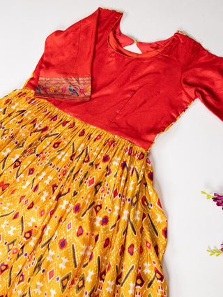 Mustard Elegant Ready-to-Wear Patola Paithani Print Gown – Dola Silk with Foil Work