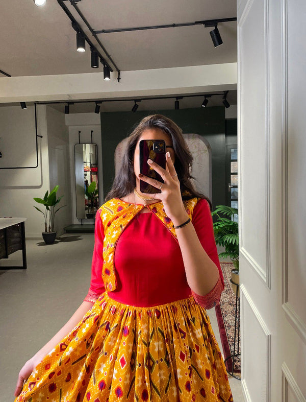 Mustard Elegant Ready-to-Wear Patola Paithani Print Gown – Dola Silk with Foil Work