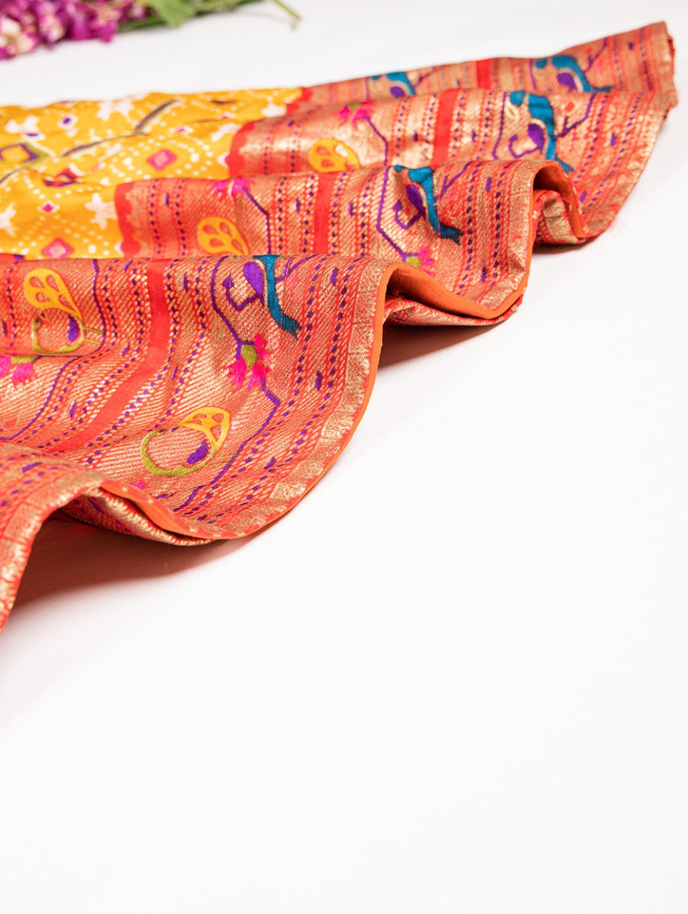 Mustard Elegant Ready-to-Wear Patola Paithani Print Gown – Dola Silk with Foil Work