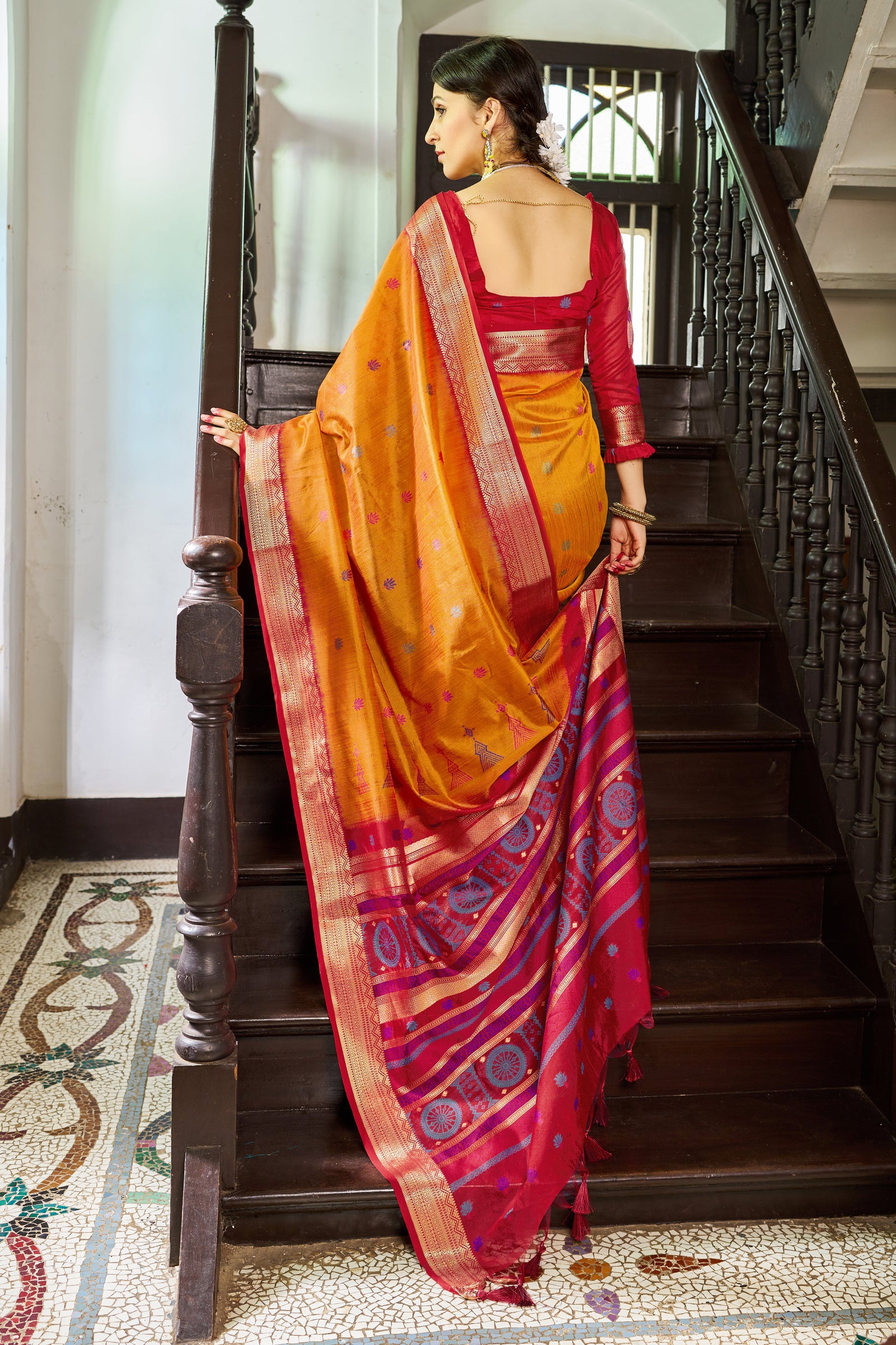 Mustard Elegant Slub Lilan Saree – Luxurious Semi Tussar Silk ClothsVilla