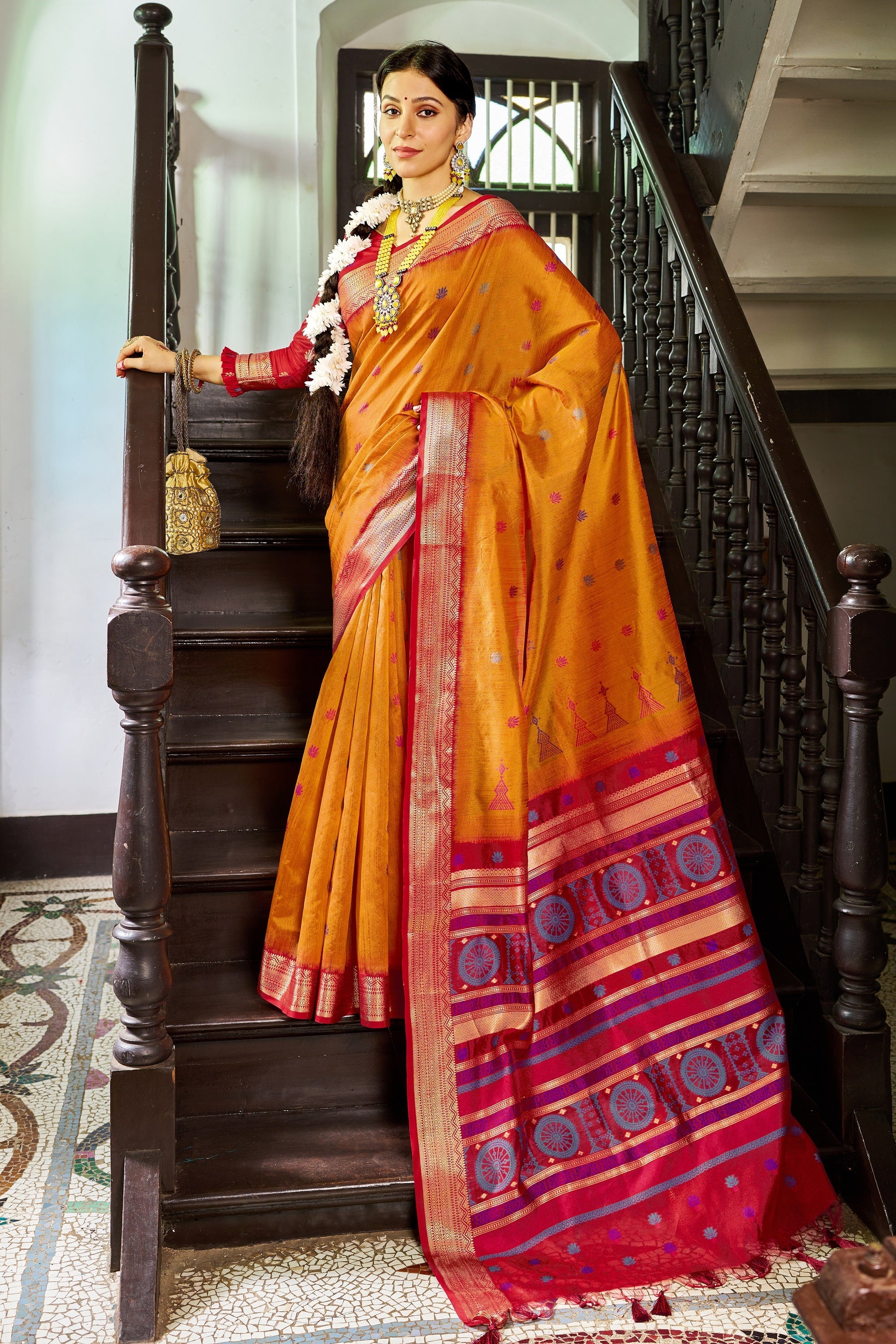 Mustard Elegant Slub Lilan Saree – Luxurious Semi Tussar Silk ClothsVilla Main image
