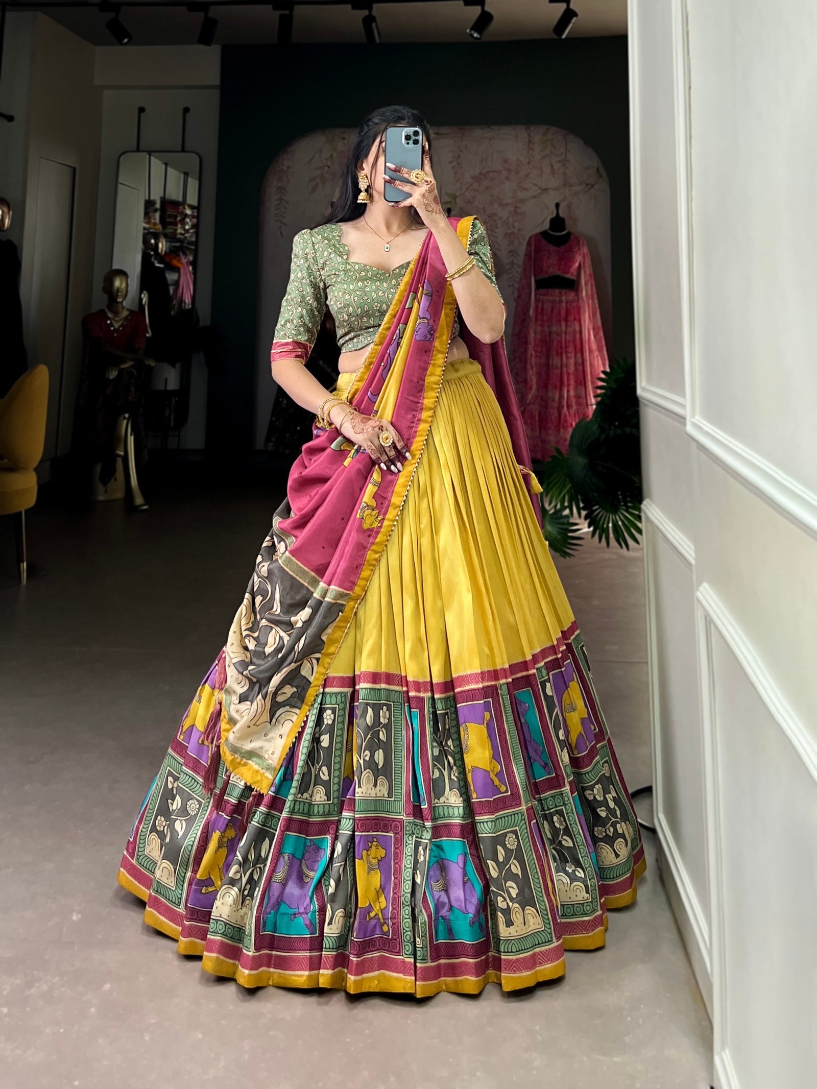 Mustard Ethereal Elegance Kalamkari Tussar Silk Lehenga Set
