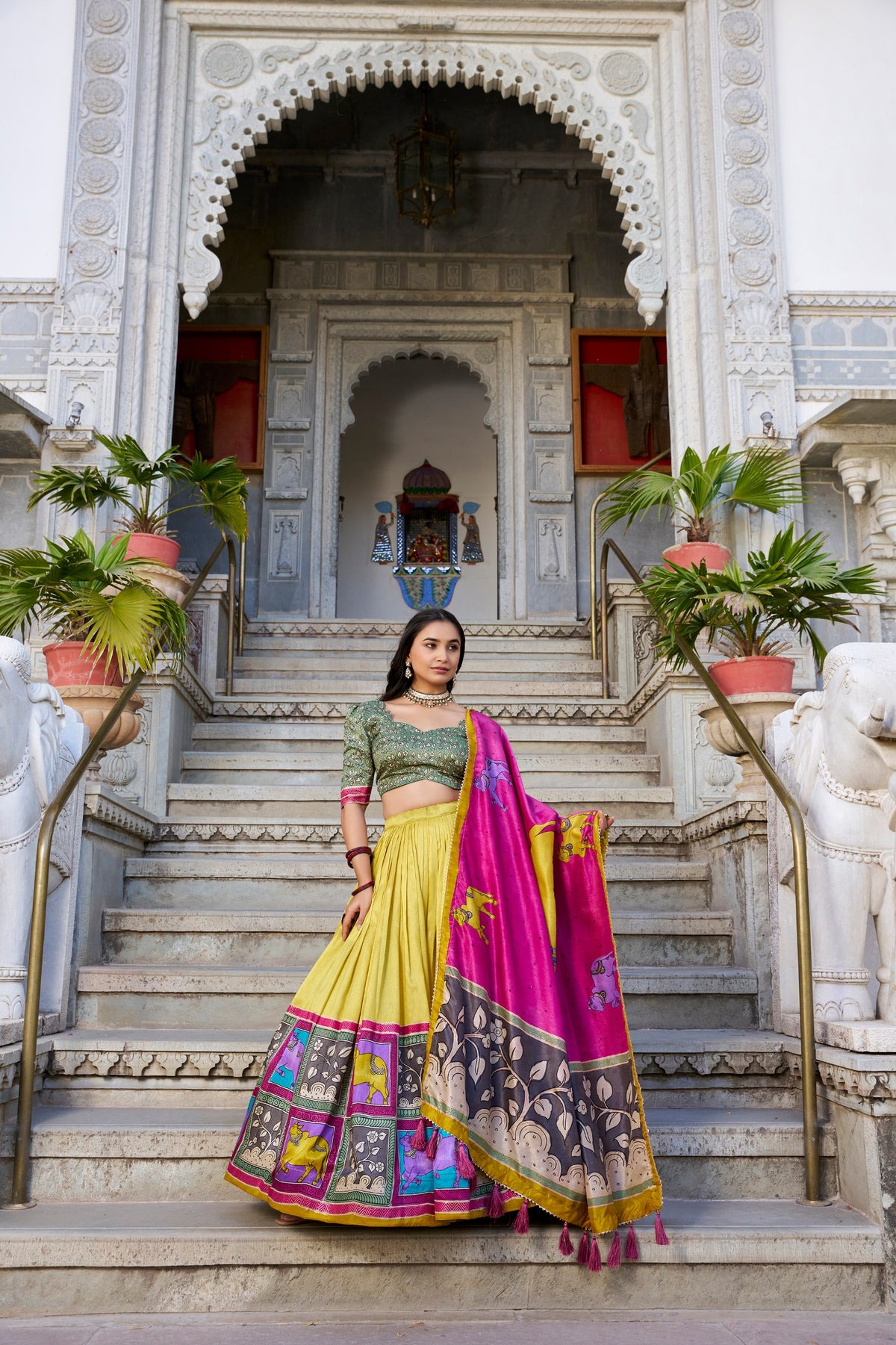 Mustard Ethereal Elegance Kalamkari Tussar Silk Lehenga Set Main image