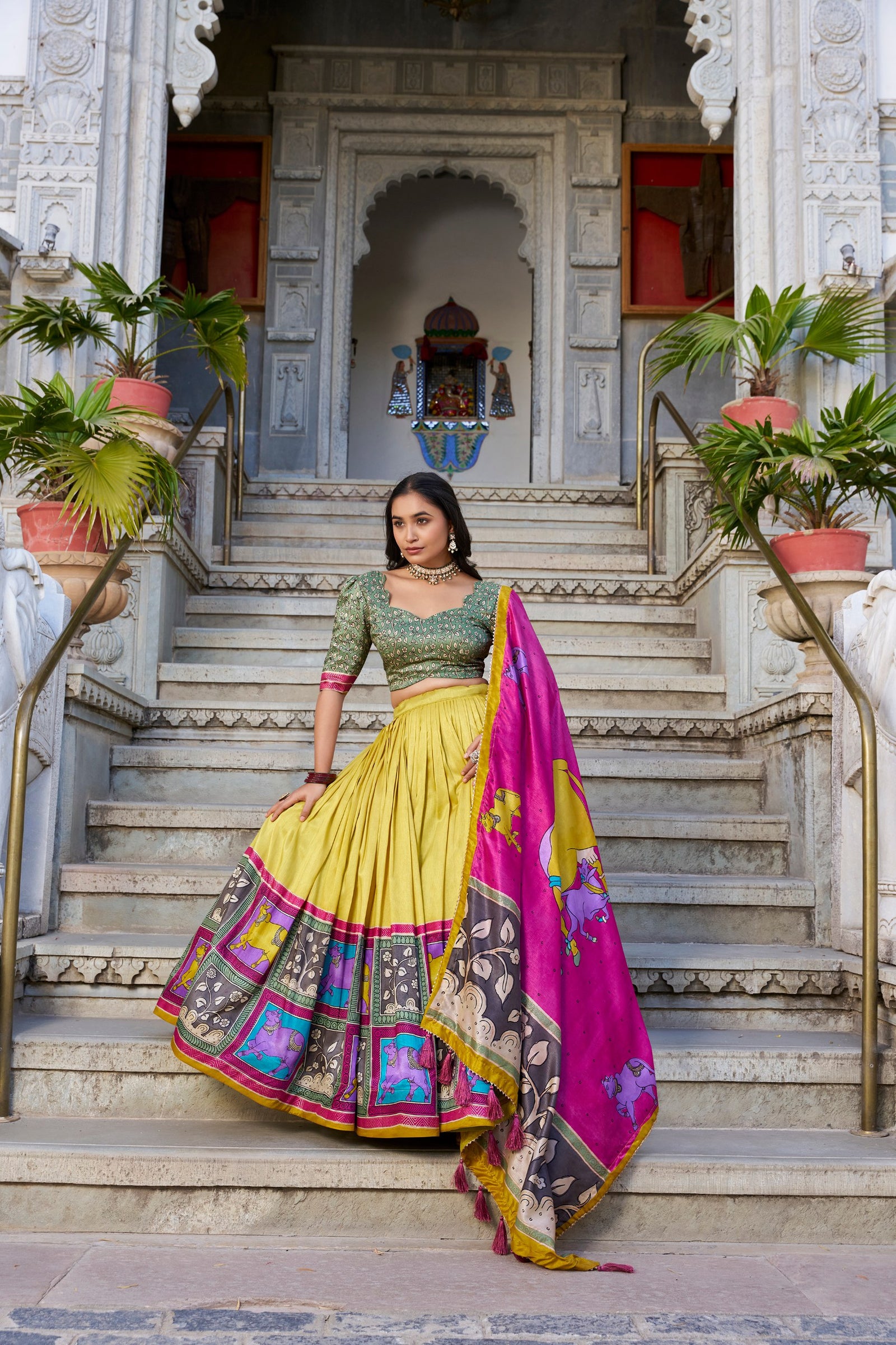 Mustard Ethereal Elegance Kalamkari Tussar Silk Lehenga Set