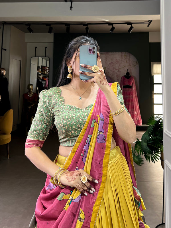 Mustard Ethereal Elegance Kalamkari Tussar Silk Lehenga Set