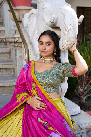 Mustard Ethereal Elegance Kalamkari Tussar Silk Lehenga Set
