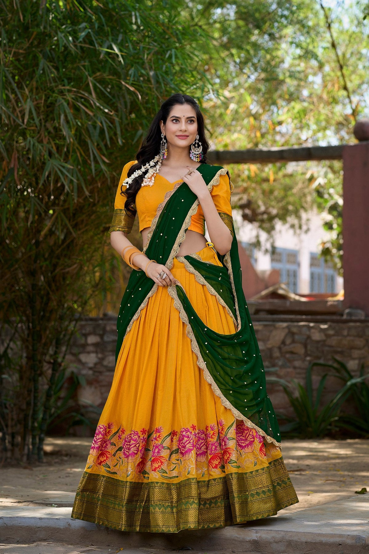 Mustard Exquisite Cotton Silk Lehenga Choli with Georgette Dupatta ClothsVilla Main image
