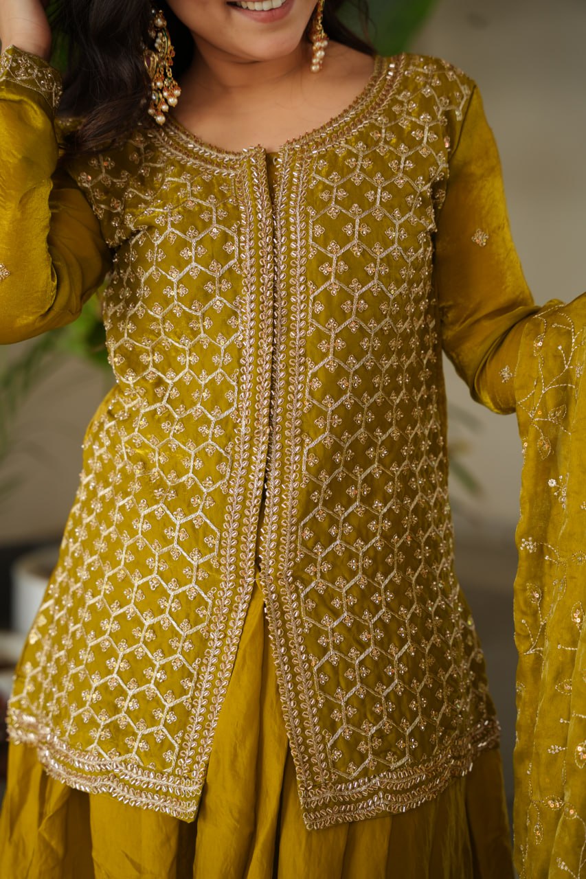 Mustard Fendy Fabric Embroidered Kurti Sharara Set with Sequin Zari Dupatta – Fully Lined & Stitched Clothsvilla