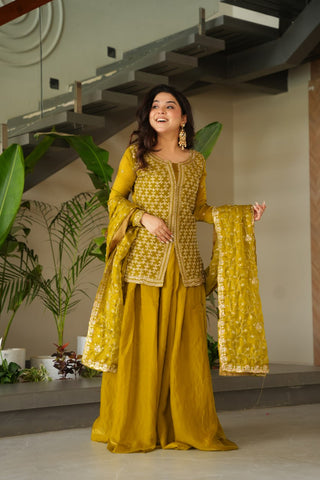 Mustard Fendy Fabric Embroidered Kurti Sharara Set with Sequin Zari Dupatta – Fully Lined & Stitched Clothsvilla