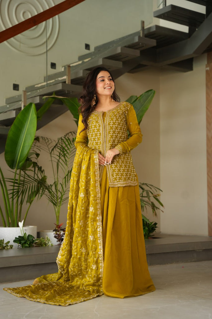 Mustard Fendy Fabric Embroidered Kurti Sharara Set with Sequin Zari Dupatta – Fully Lined & Stitched Clothsvilla
