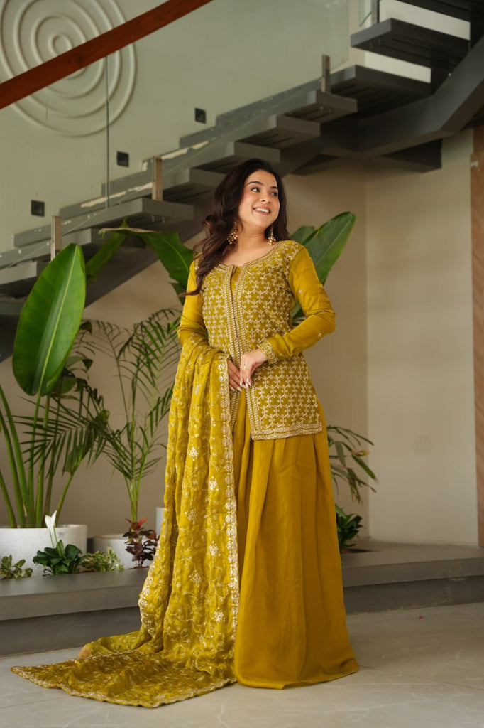 Mustard Fendy Fabric Embroidered Kurti Sharara Set with Sequin Zari Dupatta – Fully Lined & Stitched Clothsvilla