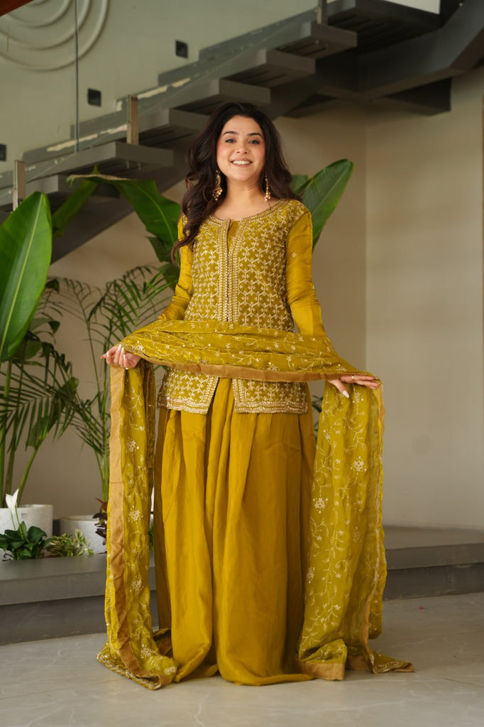 Mustard Fendy Fabric Embroidered Kurti Sharara Set with Sequin Zari Dupatta – Fully Lined & Stitched Clothsvilla