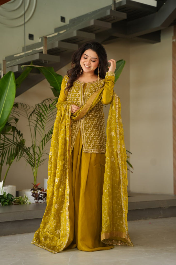 Mustard Fendy Fabric Embroidered Kurti Sharara Set with Sequin Zari Dupatta – Fully Lined & Stitched Clothsvilla
