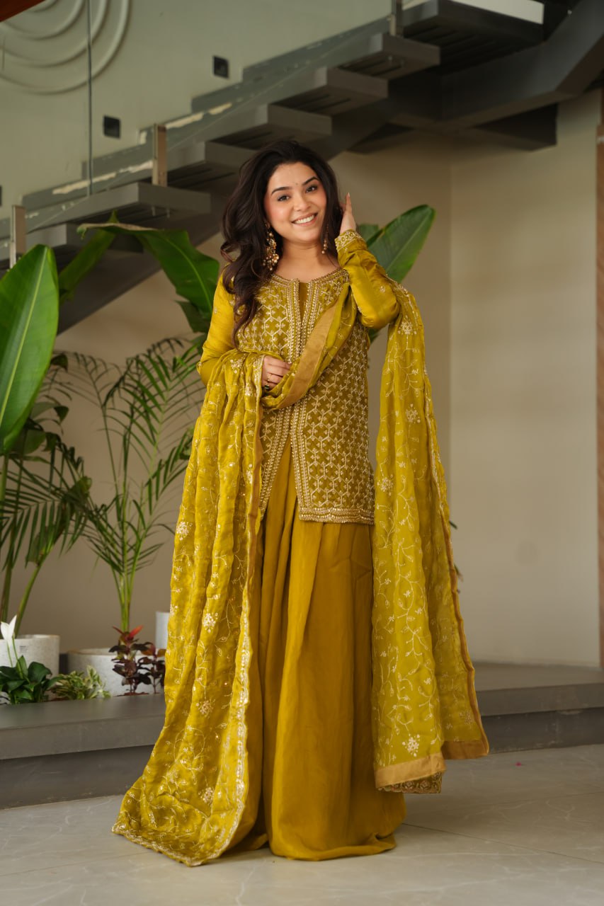 Mustard Fendy Fabric Embroidered Kurti Sharara Set with Sequin Zari Dupatta – Fully Lined & Stitched Clothsvilla