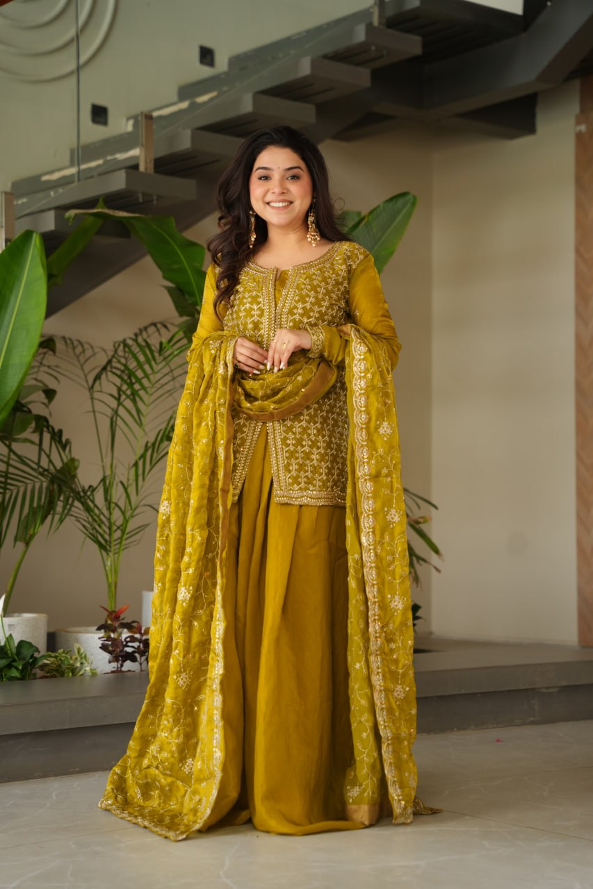 Mustard Fendy Fabric Embroidered Kurti Sharara Set with Sequin Zari Dupatta – Fully Lined & Stitched Clothsvilla