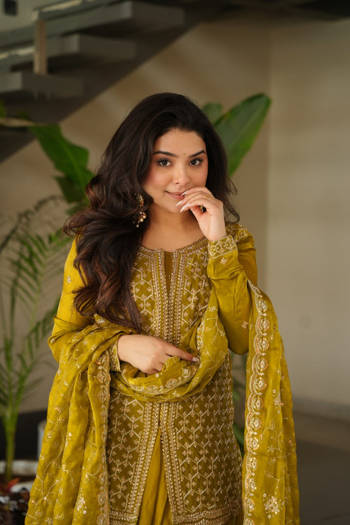 Mustard Fendy Fabric Embroidered Kurti Sharara Set with Sequin Zari Dupatta – Fully Lined & Stitched Clothsvilla